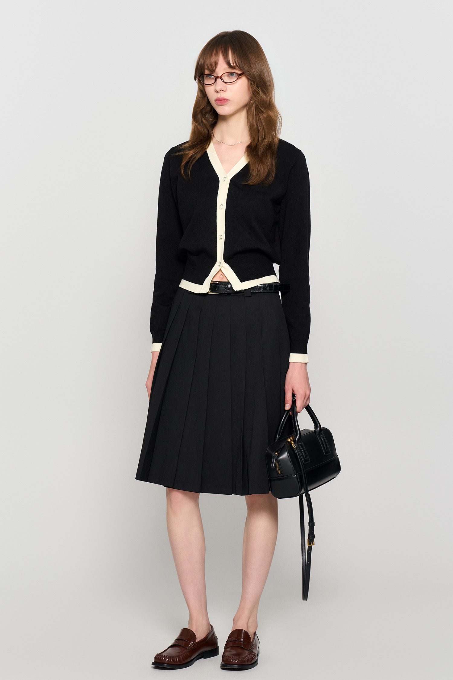 大人可愛い チェック柄 配色 長袖 切り替え スタンドネック Aライン ③