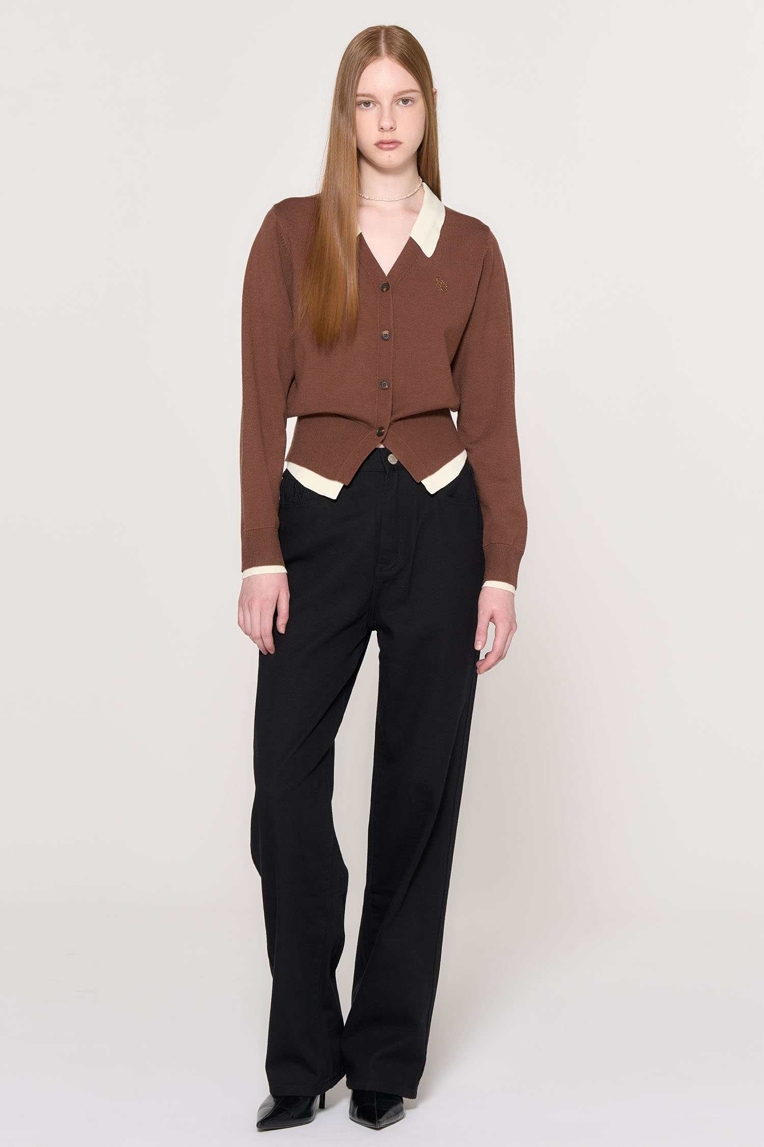 GENERAL IDEA] WOMAN シャツレイヤード風ニットカーディガン [BROWN]