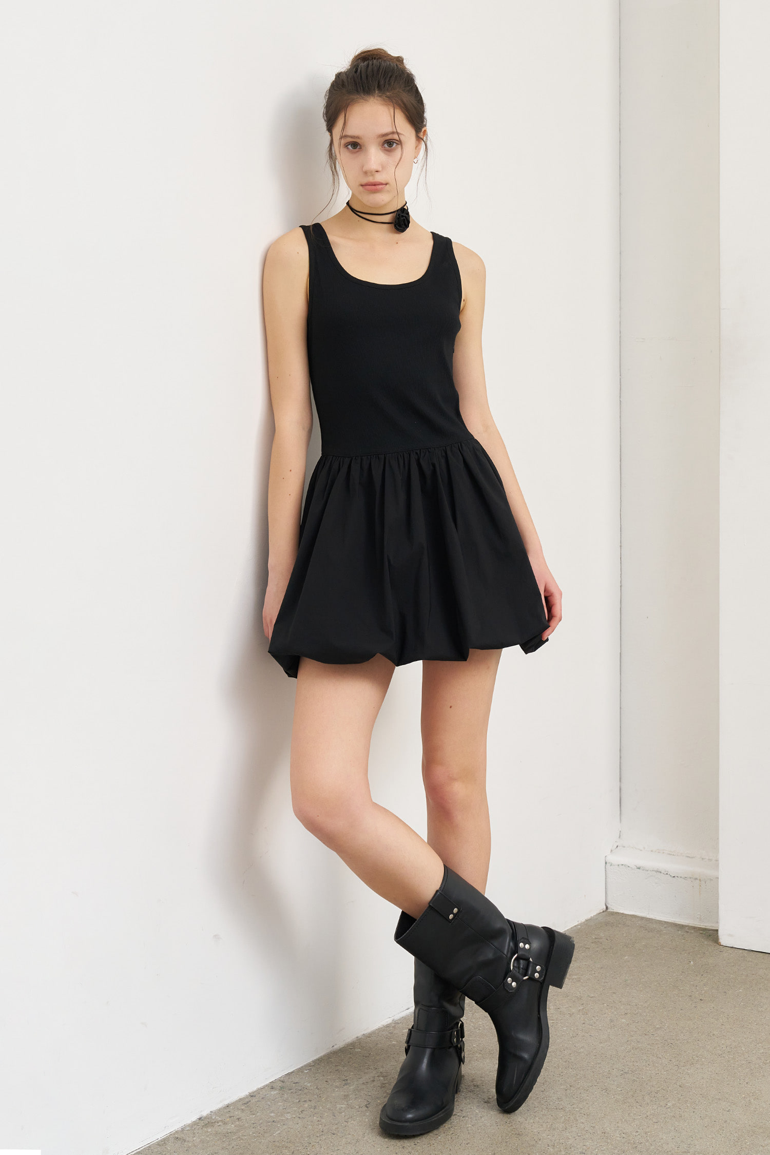 WOMAN ノースリーブバルーンミニワンピース [BLACK]