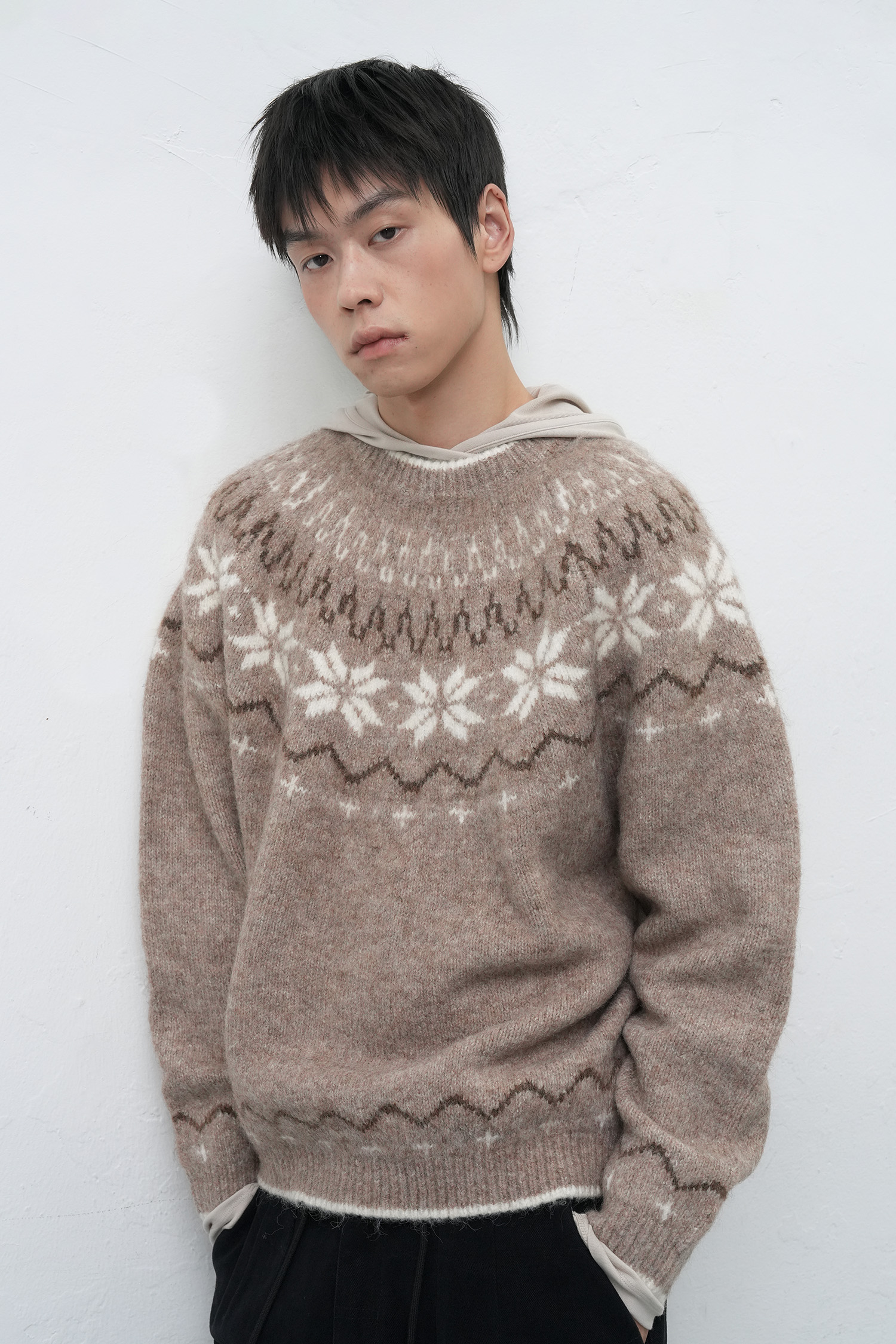 UNISEX ウールノルディック柄ニットプルオーバー [MOCHA]