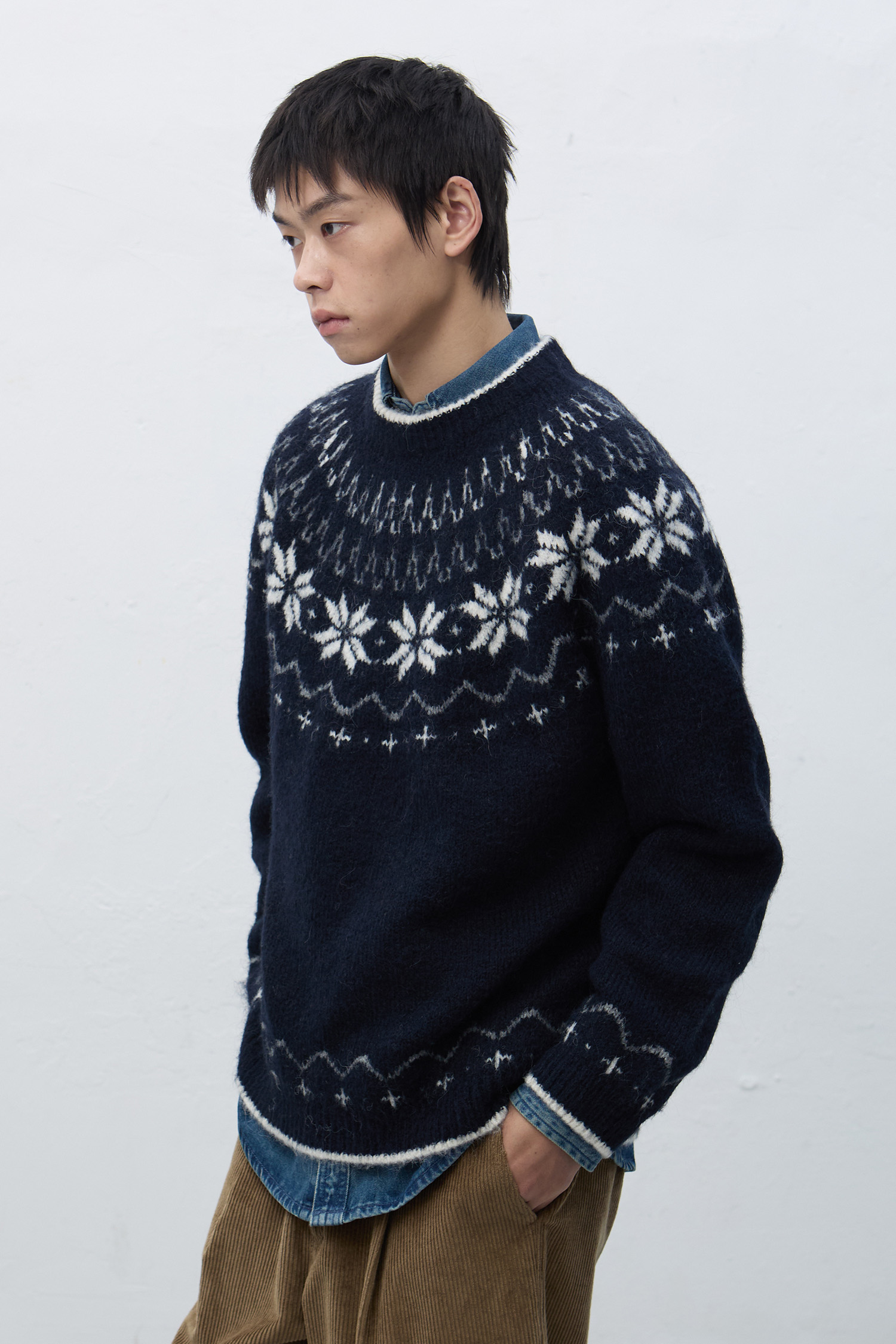 UNISEX ウールノルディック柄ニットプルオーバー [NAVY]