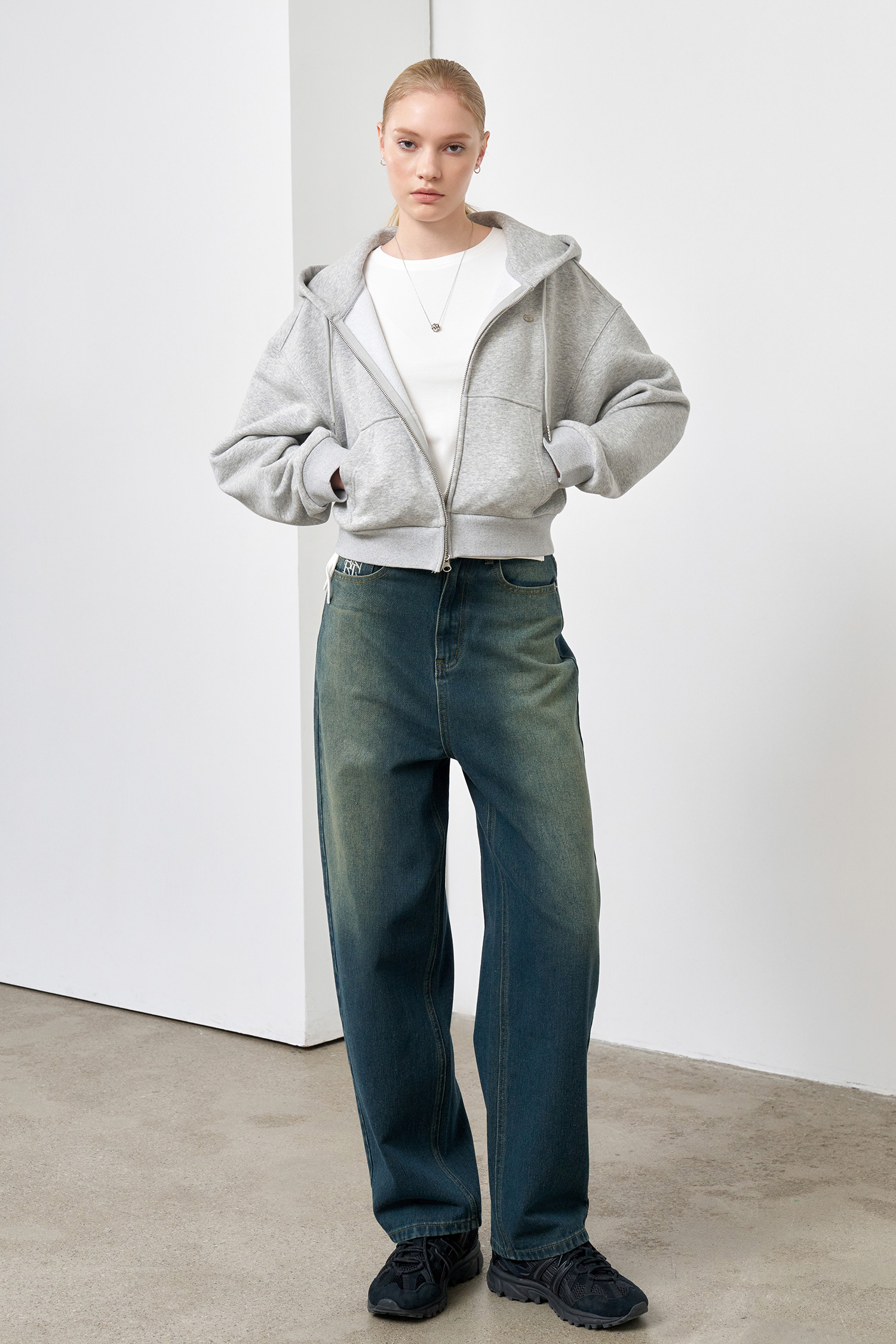 GENERAL IDEA] WOMAN スウェットショート丈フードパーカー [MELANGE GREY]