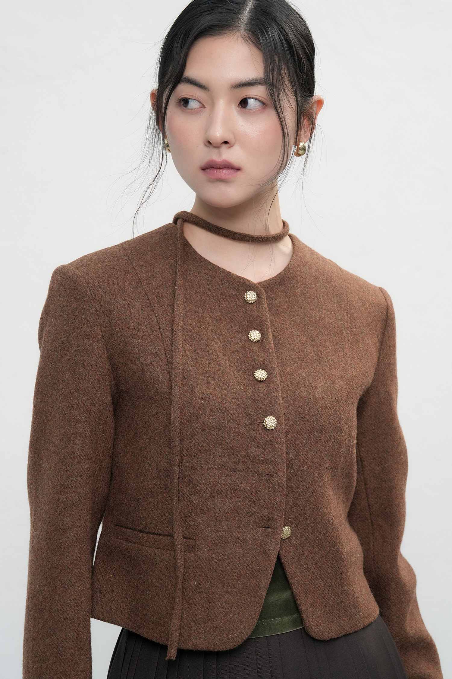 WOMAN ウールブレンドタイ付きノーカラージャケット [BROWN]