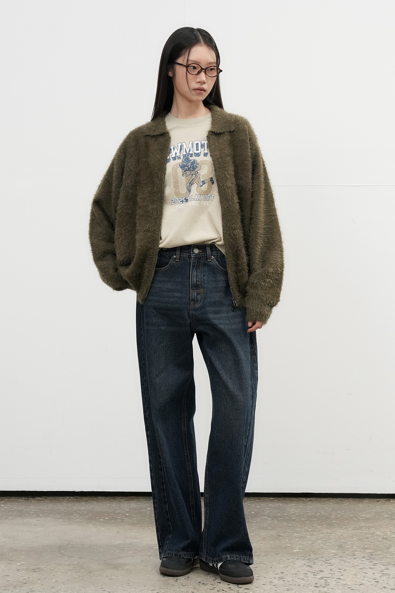 UNISEX ヘアリーダブルジップアップカーディガン [KHAKI]