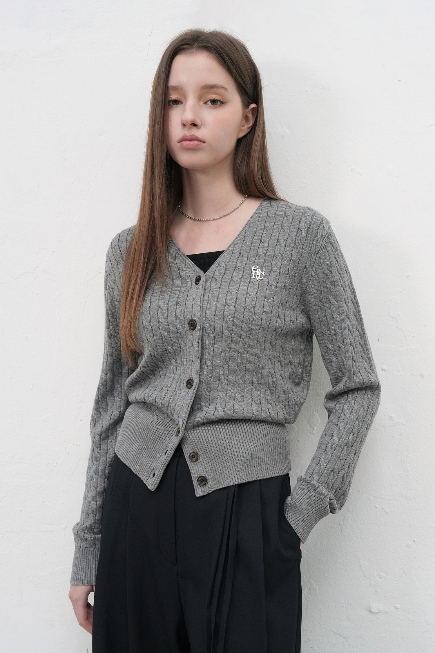 WOMAN ウールブレンドケーブル編みVネックカーディガン [MELANGEGREY]