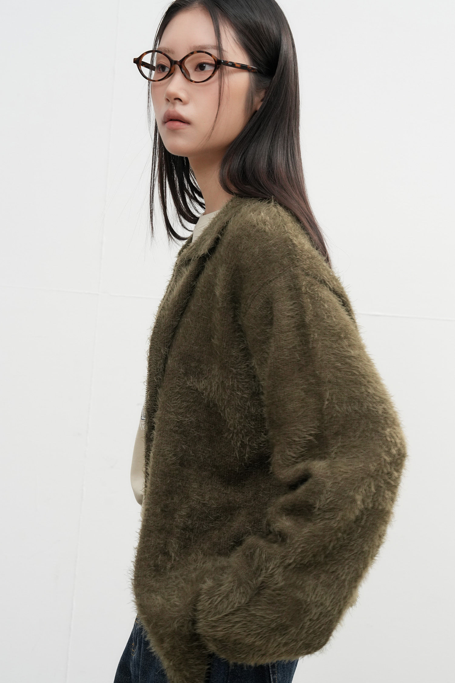 UNISEX ヘアリーダブルジップアップカーディガン [KHAKI]
