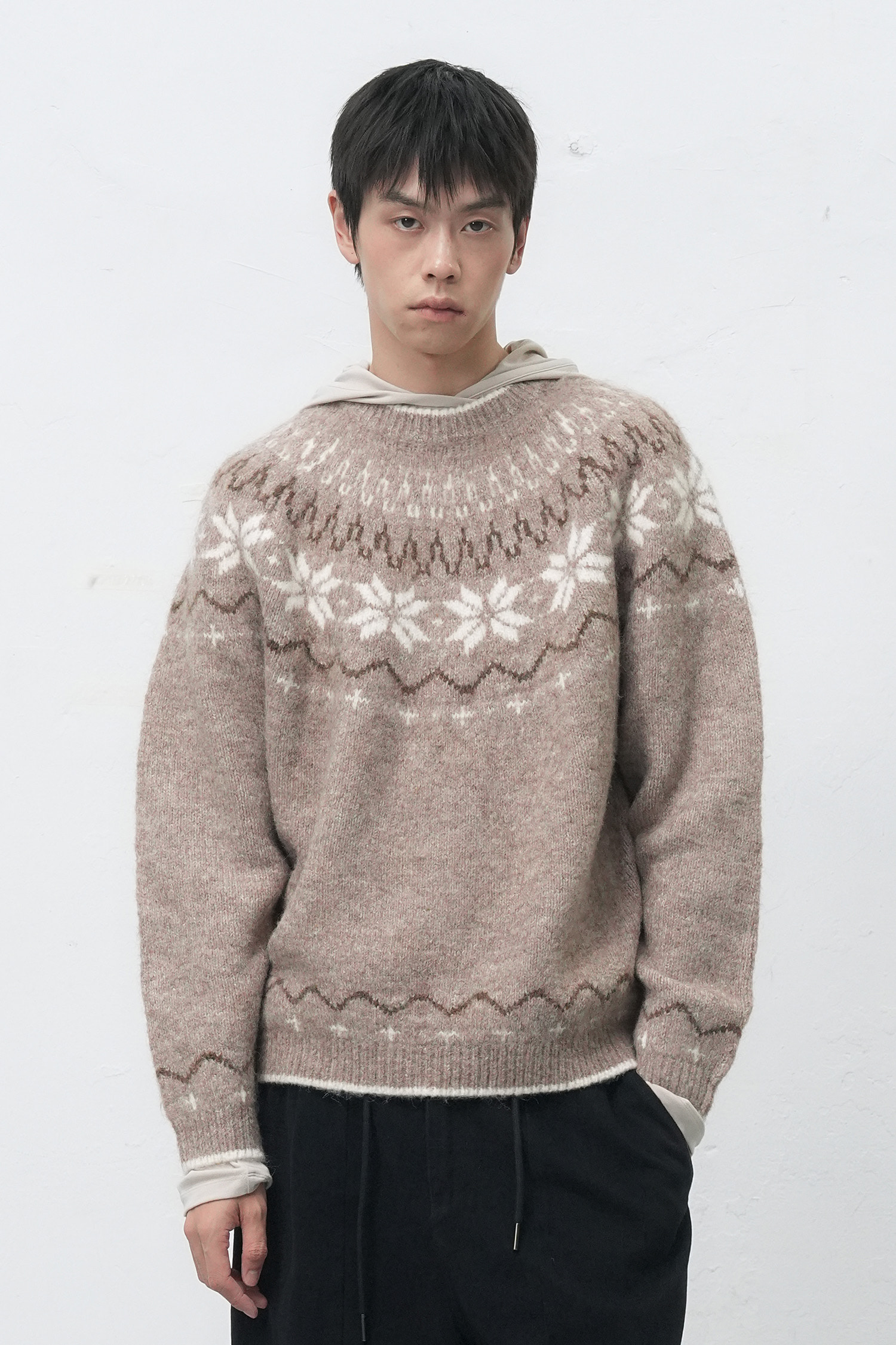 UNISEX ウールノルディック柄ニットプルオーバー [MOCHA]