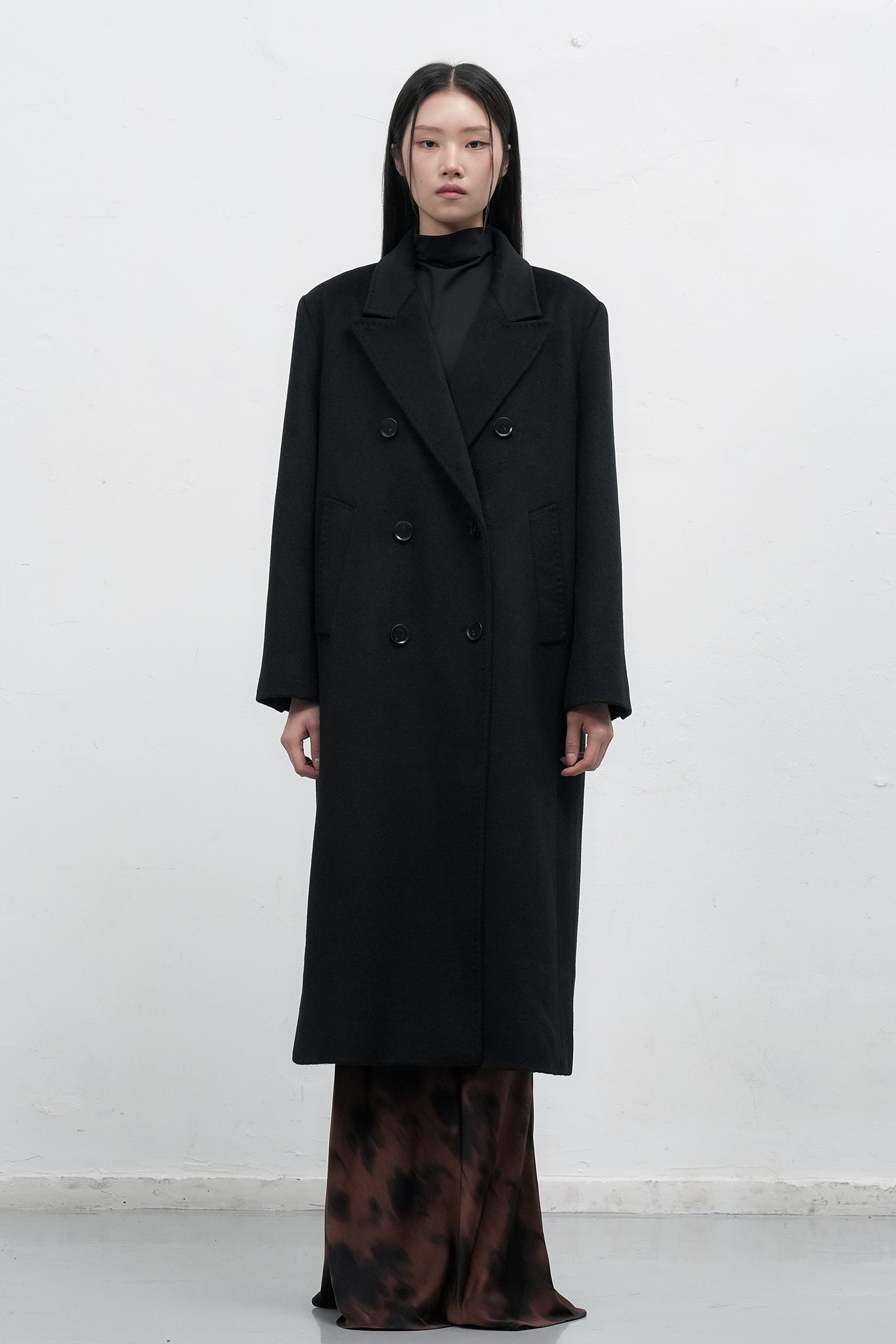 WOMAN ダブルブレストウールロングコート [BLACK]