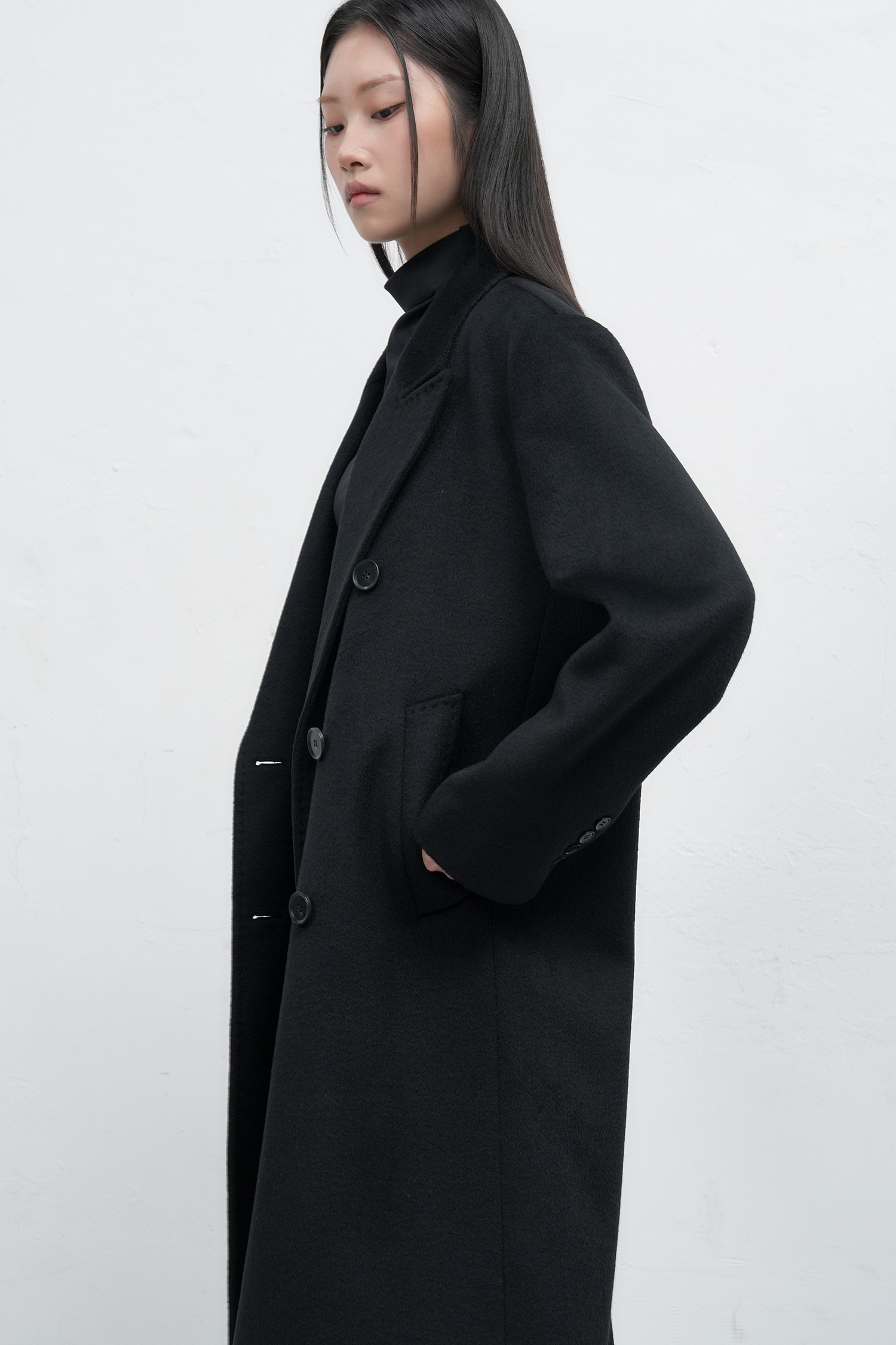 WOMAN ダブルブレストウールロングコート [BLACK]