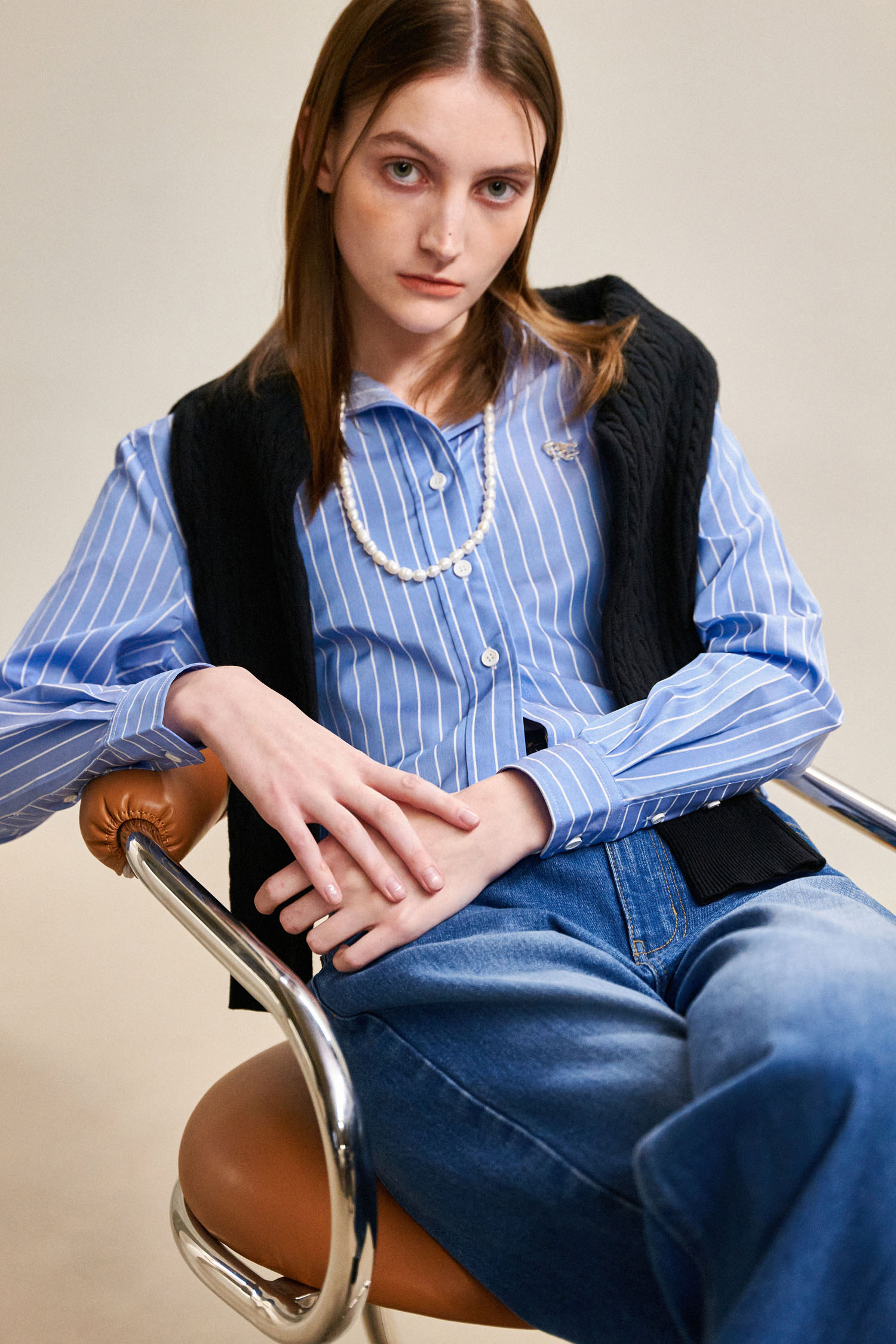 GENERAL IDEA] WOMAN ロゴ付きストライプクロップドシャツ [BLUE]