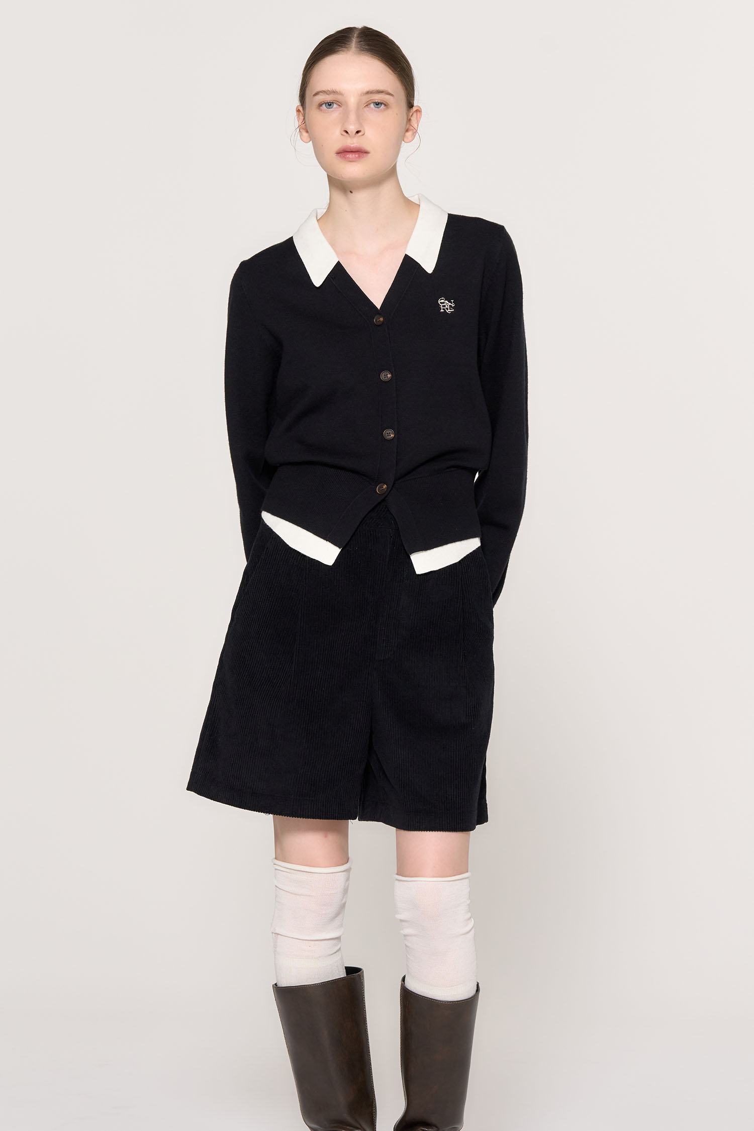 GENERAL IDEA] WOMAN シャツレイヤード風ニットカーディガン [BLACK]