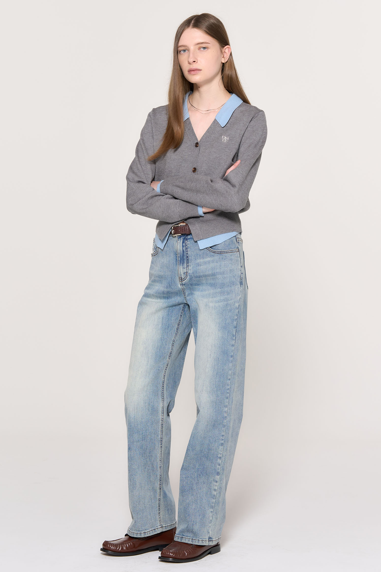 GENERAL IDEA WOMAN シャツレイヤード風ニットカーディガン M GENERAL IDEA] WOMAN シャツレイヤード風ニットカーディガン
