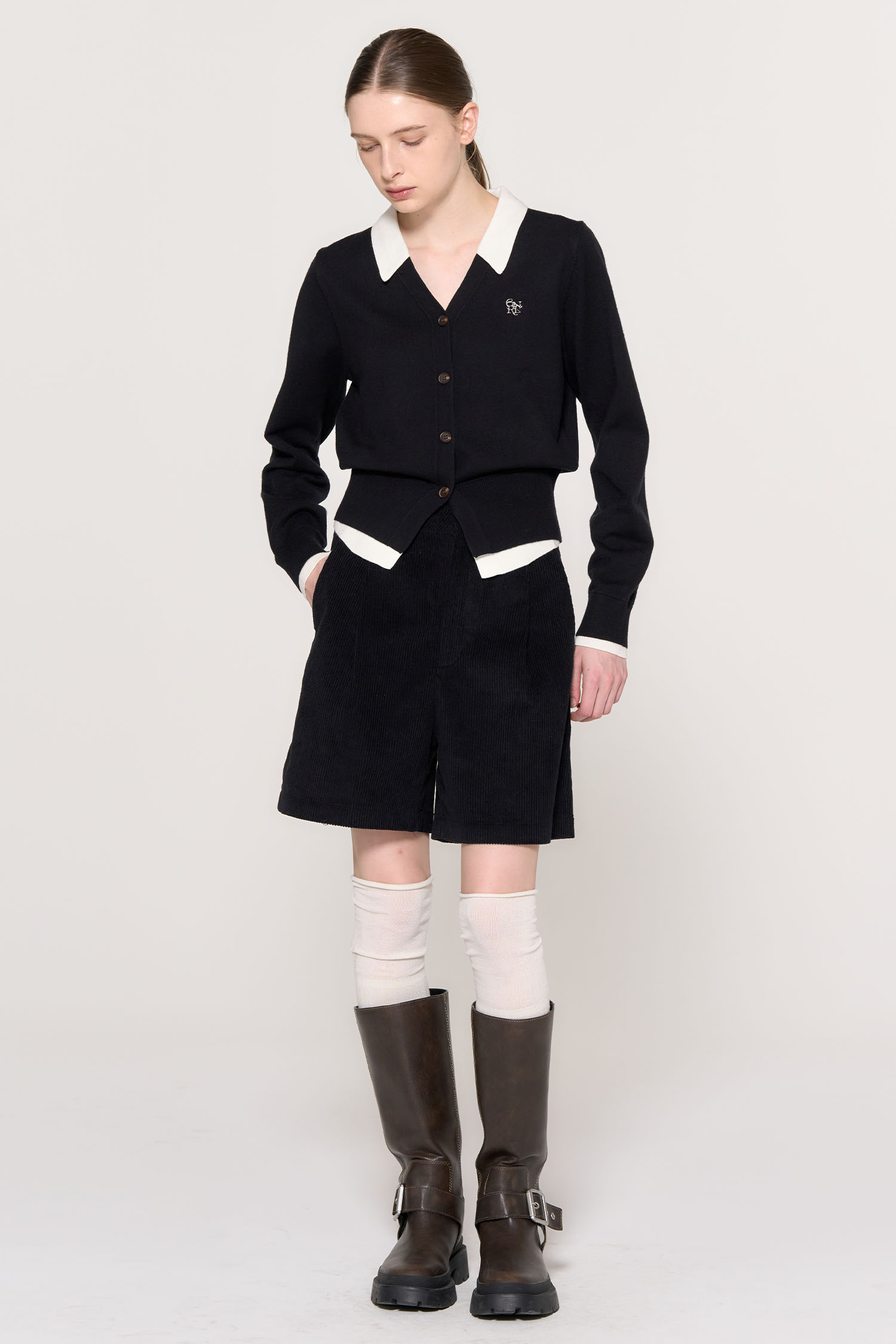 カーディガン ニットレイヤードスタイルカーディガン レディース GENERAL IDEA] WOMAN シャツレイヤード風ニットカーディガン [BLACK]