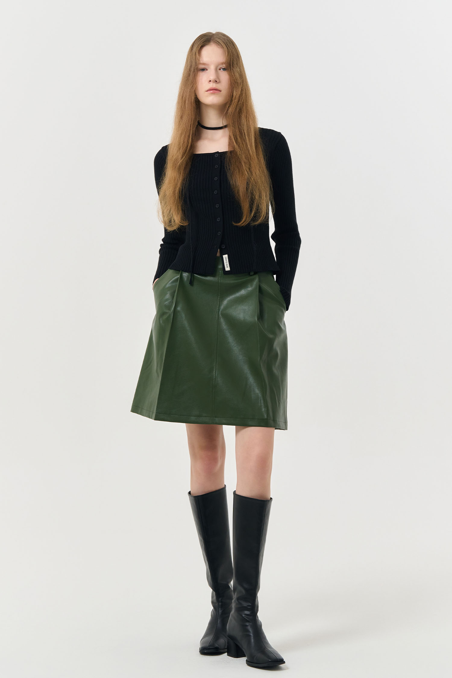 GENERAL IDEA] WOMANエコレザータック入りミディスカート [KHAKI]