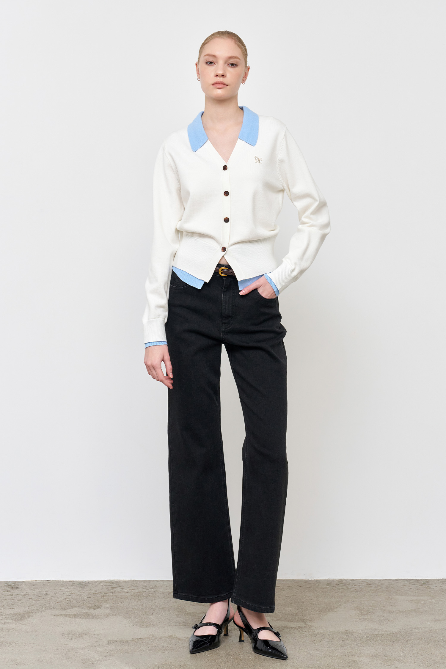 GENERAL IDEA WOMAN シャツレイヤード風ニットカーディガン M GENERAL IDEA] WOMAN シャツレイヤード風ニットカーディガン