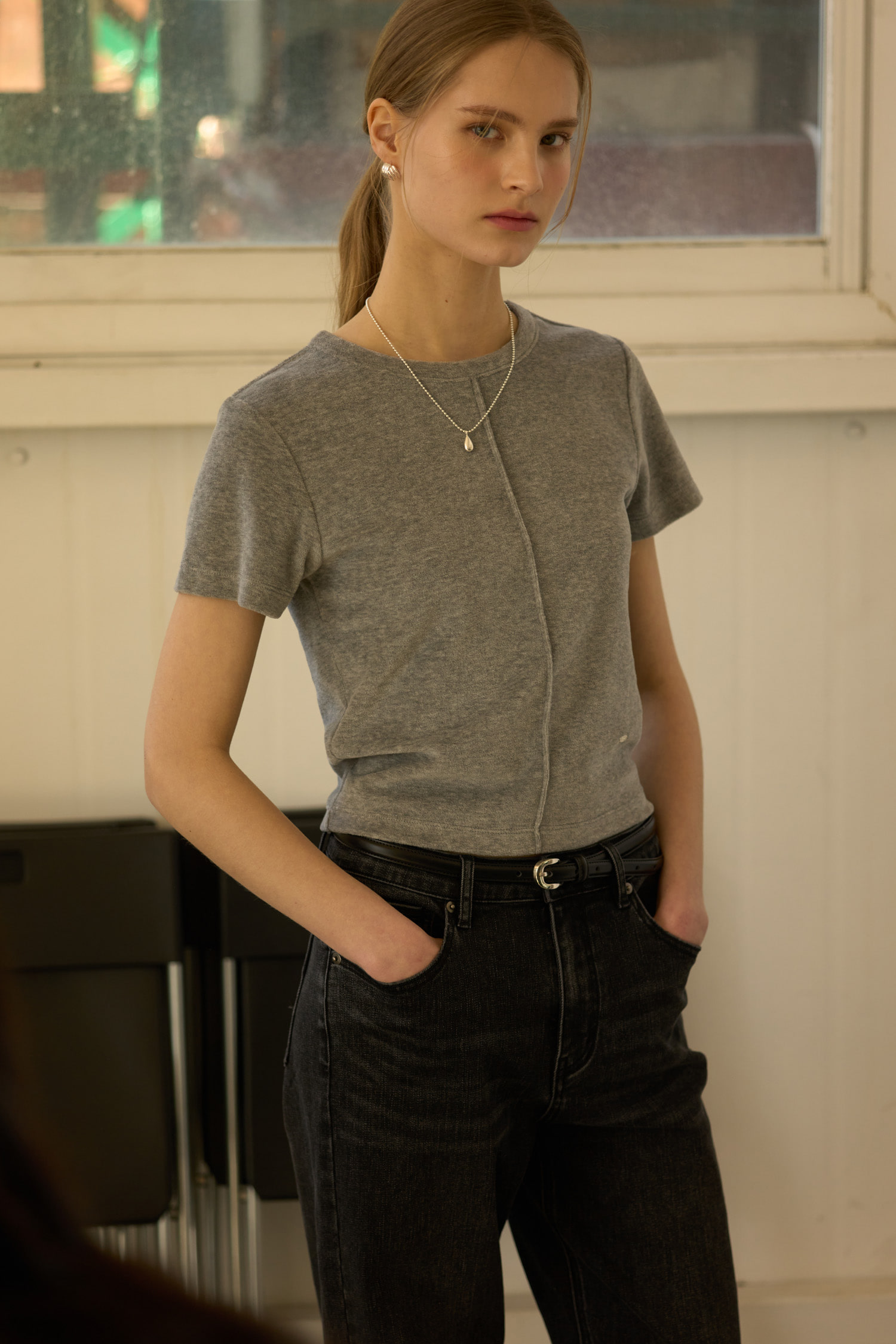 WOMAN センターラインベロアTシャツ [MELANGE GREY]