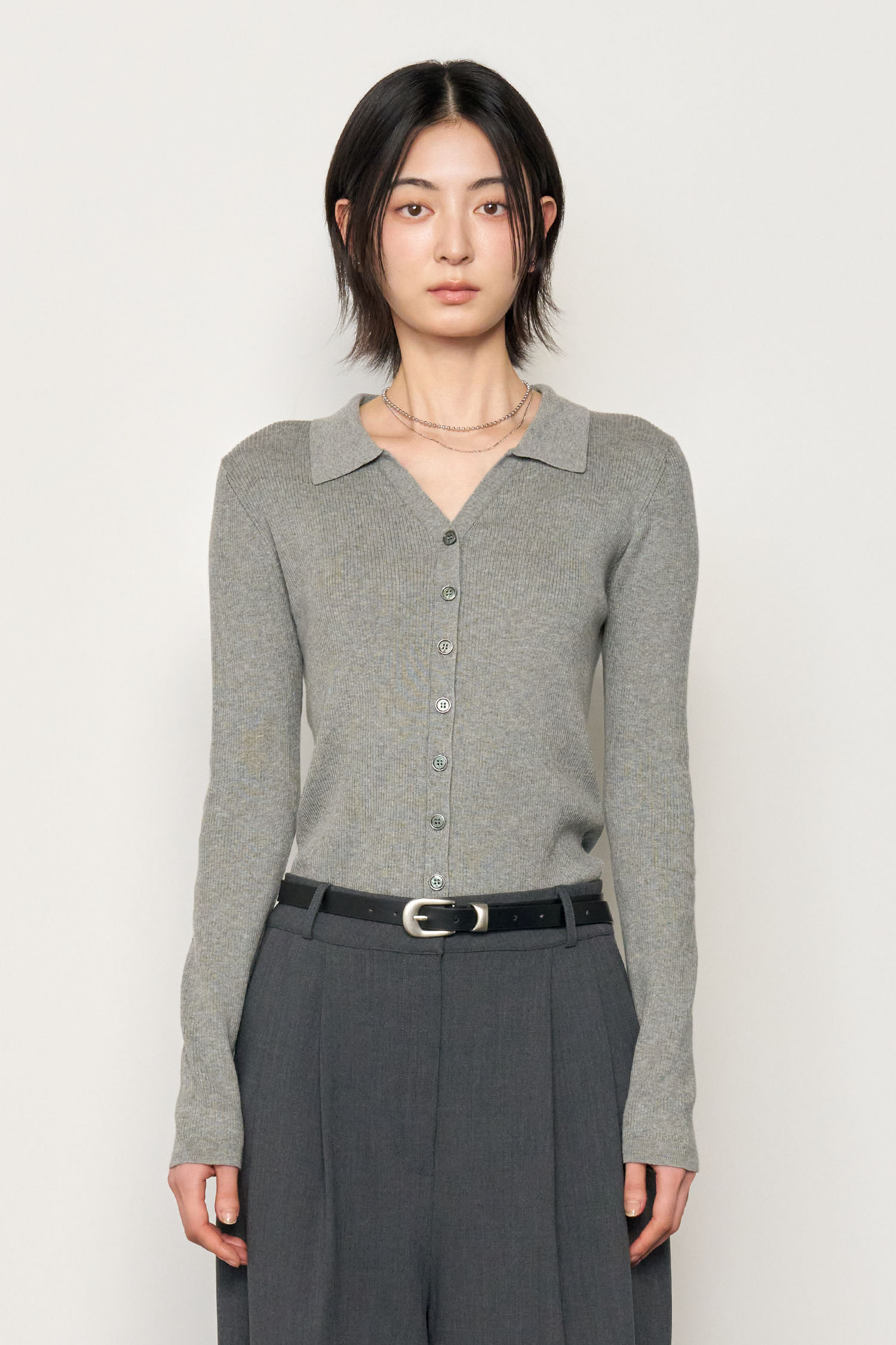 WOMAN 襟付きテンセルリブニットカーディガン [GREY]