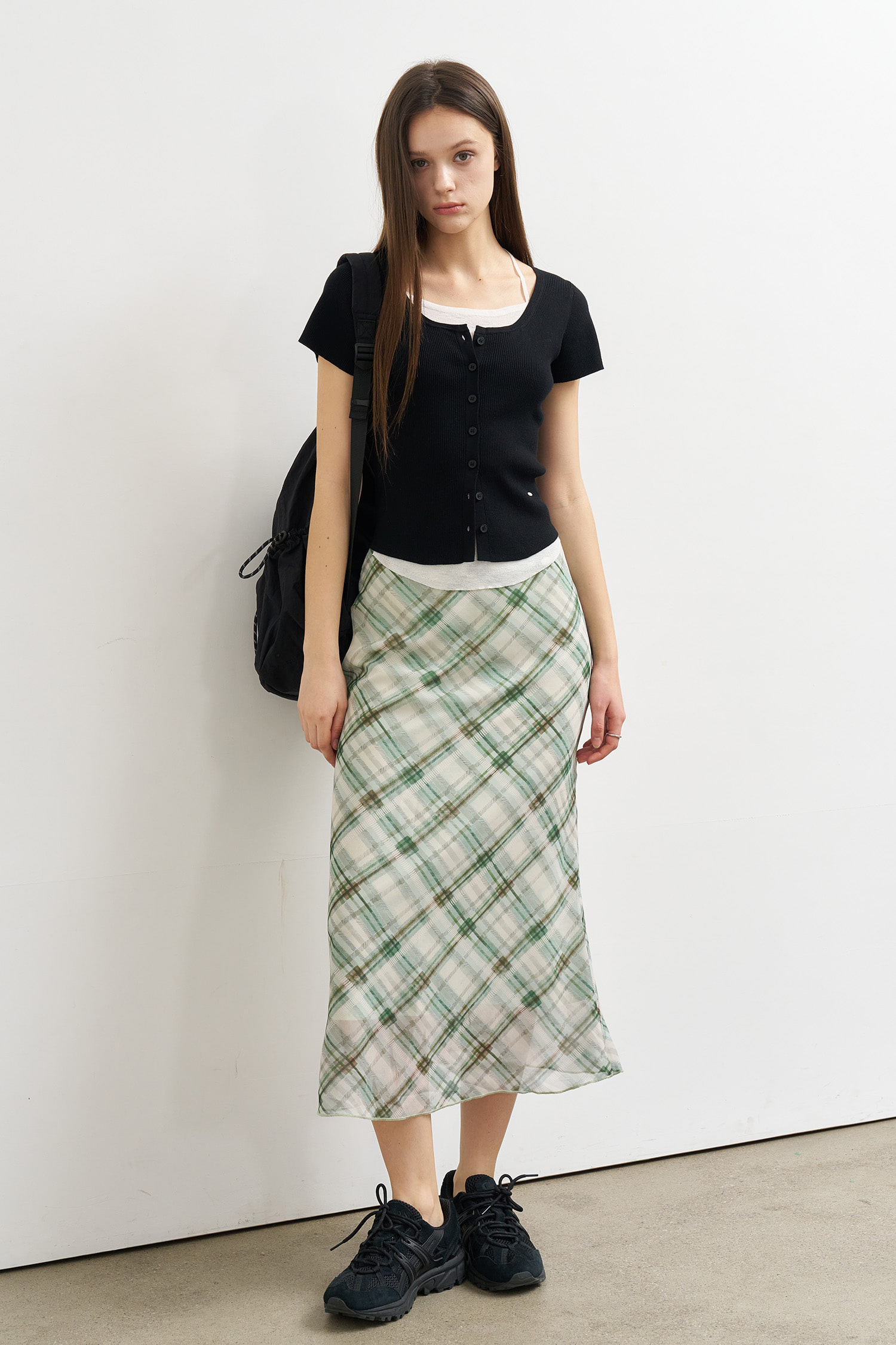 WOMAN シアーチェックロングスカート [GREEN]