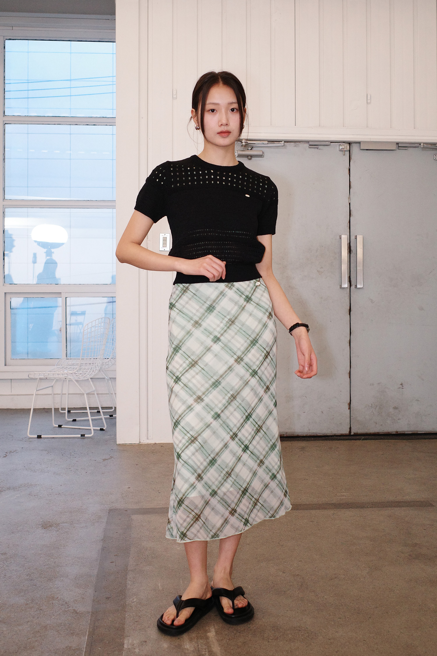 【GENERAL IDEA】Sheer Check Long スカート WOMAN シアーチェックロングスカート [GREEN]