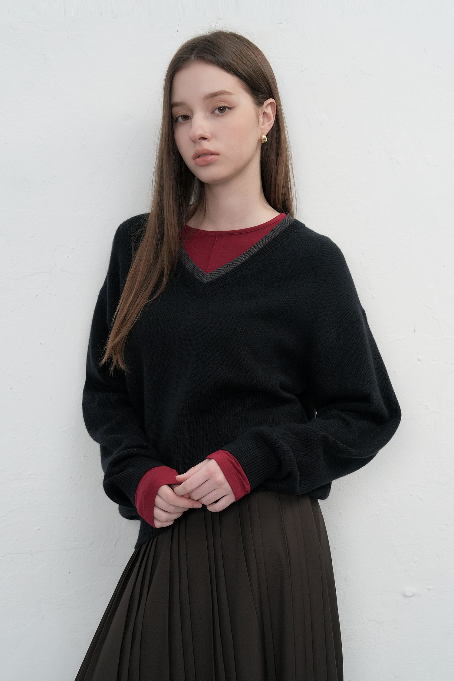 WOMAN レイヤードVネックニットプルオーバー [BLACK]