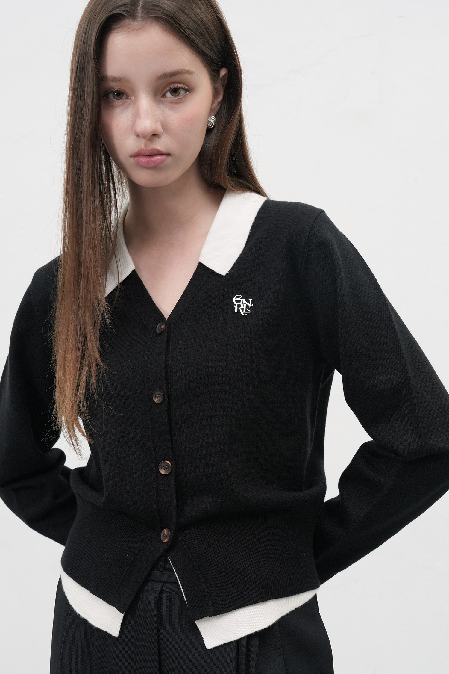 GENERAL IDEA] WOMAN シャツレイヤード風ニットカーディガン [BLACK]