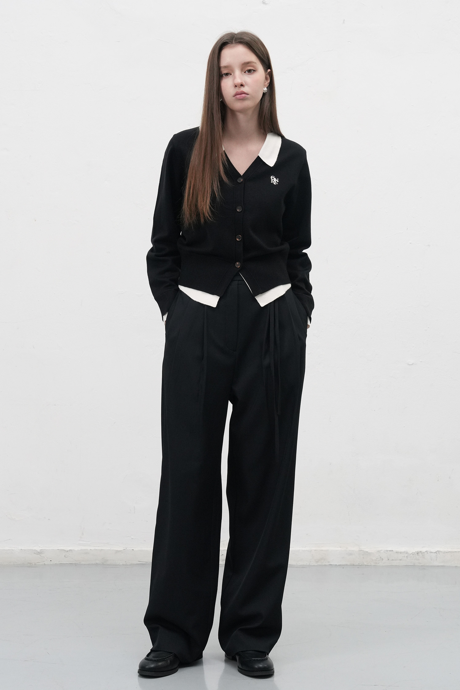 GENERAL IDEA] WOMAN シャツレイヤード風ニットカーディガン [BLACK]