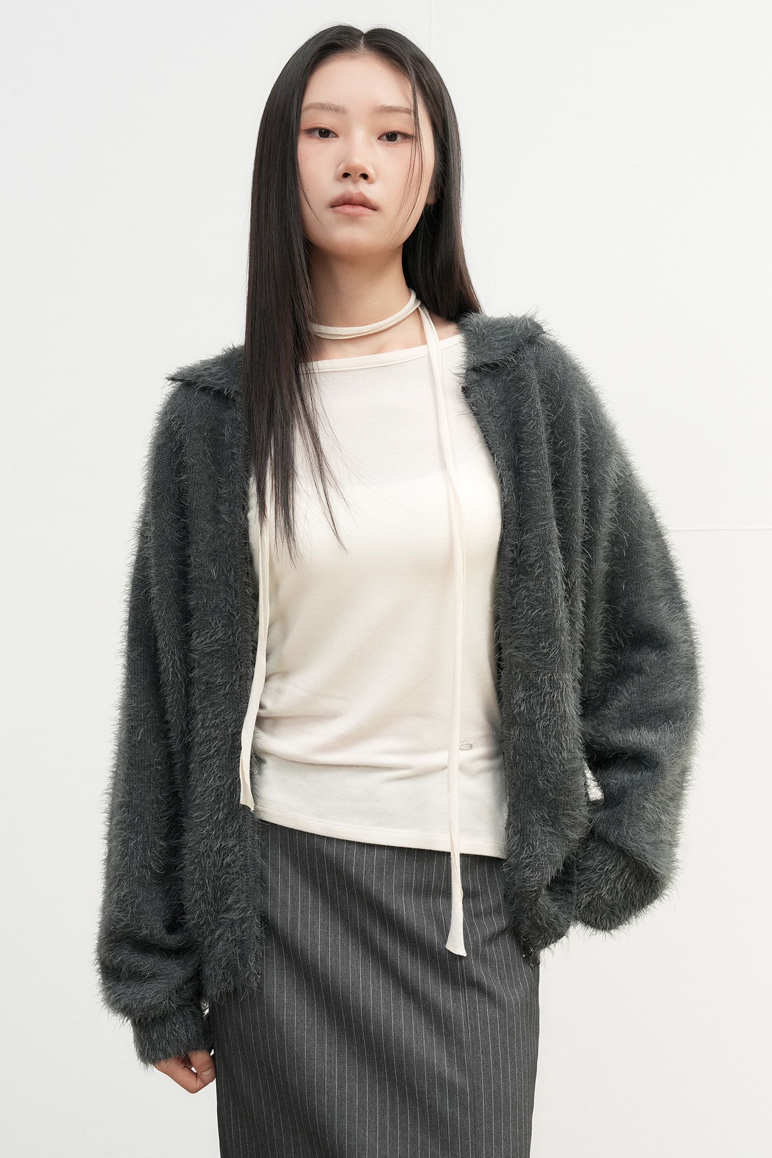 UNISEX ヘアリーダブルジップアップカーディガン [CHARCOAL]