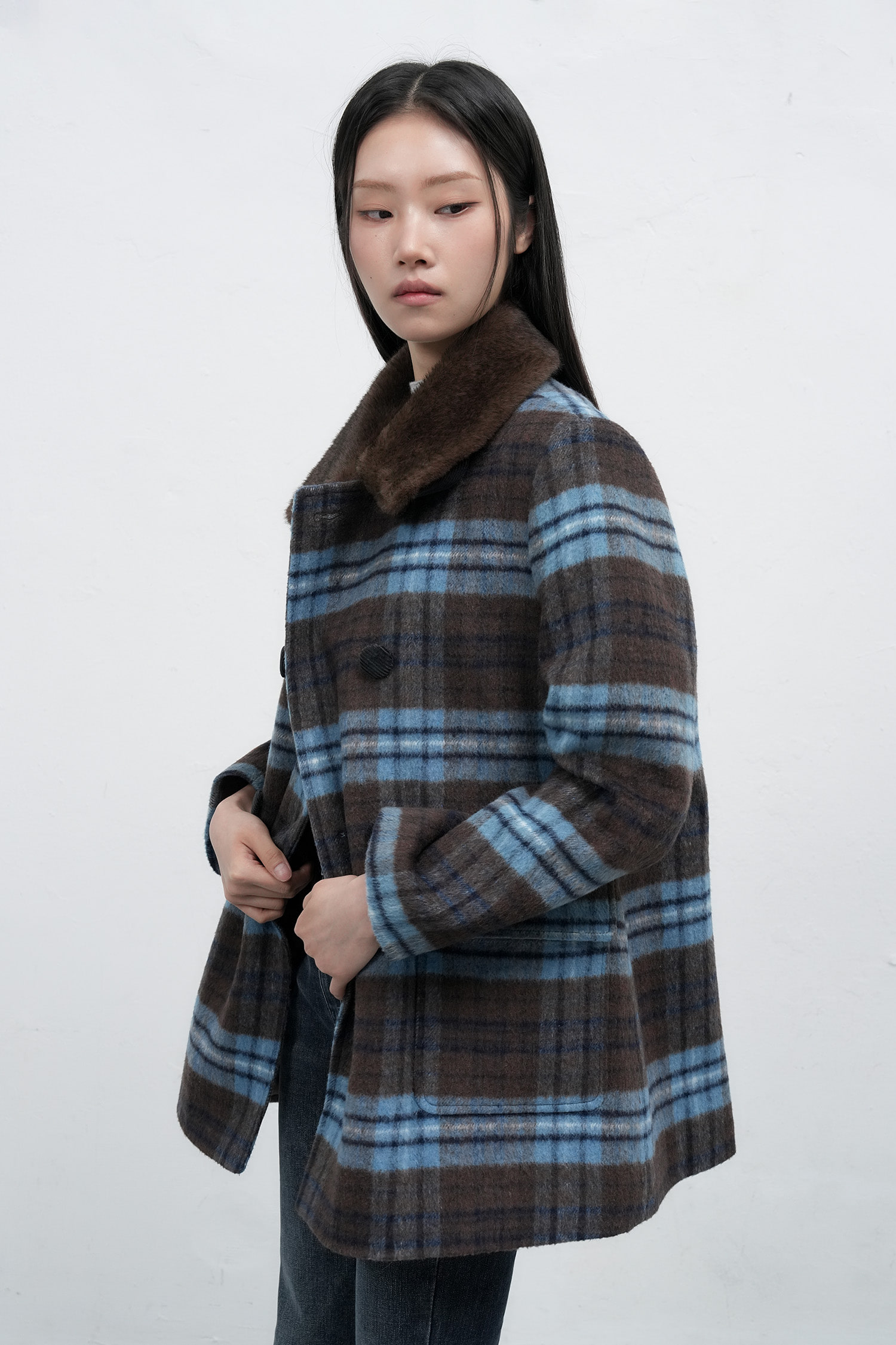 WOMAN チェック柄ファーカラーダブルハーフコート [BROWN]