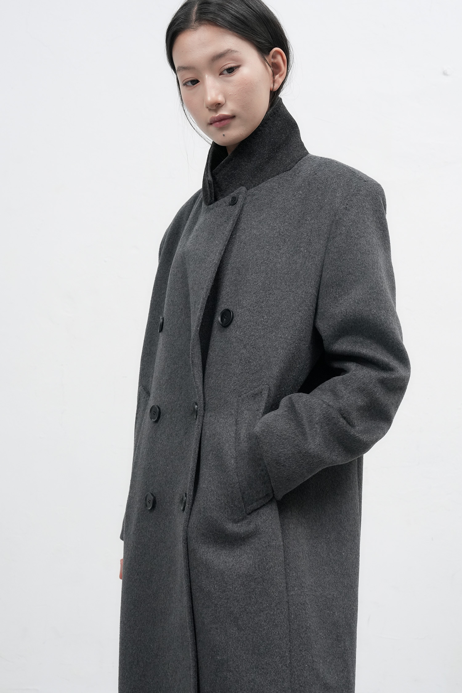 超美品！未使用！ダークグレー ダブルブレスト ロングコート コート アウター チェック柄ダブルブレストロングコート レディース