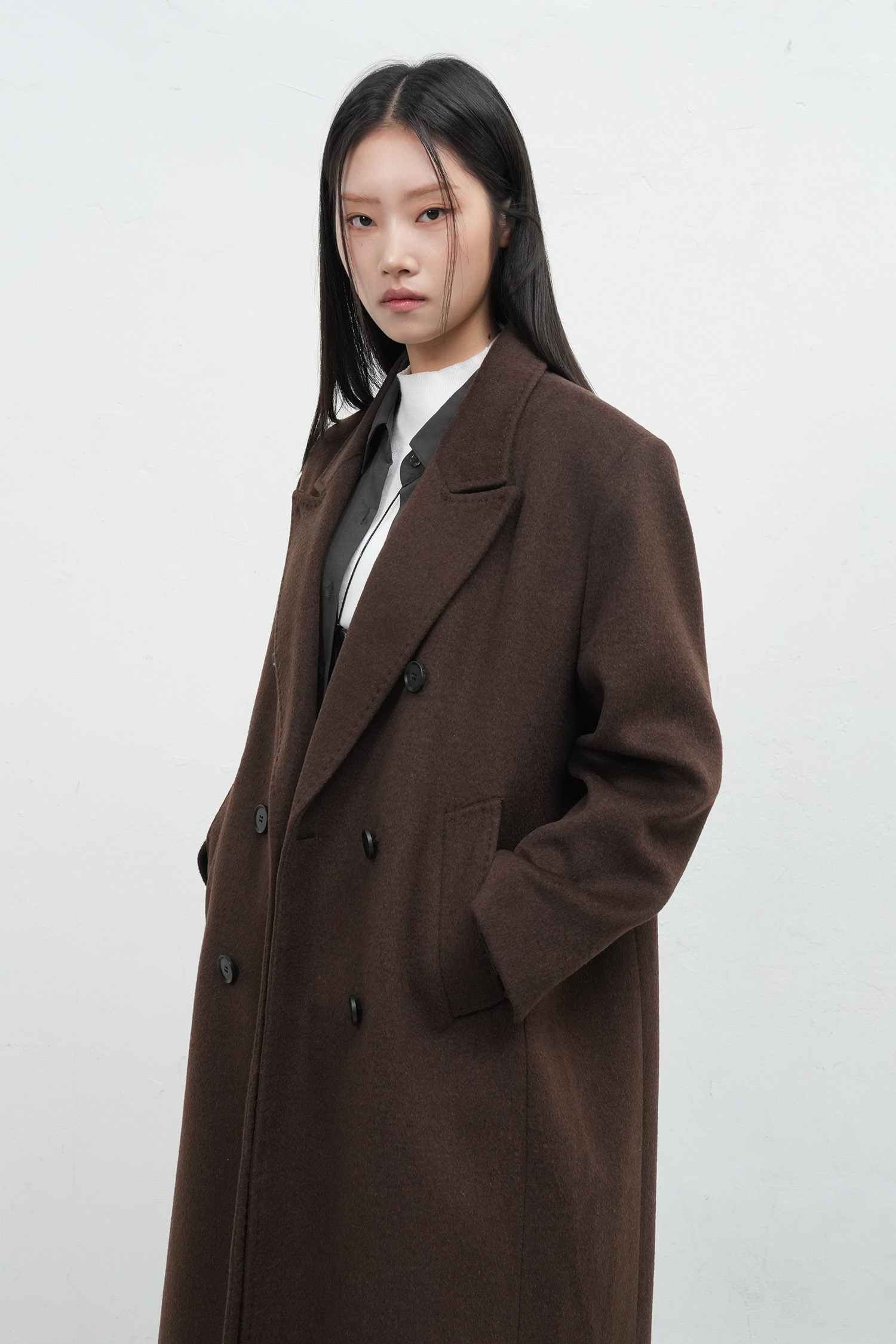 WOMAN ダブルブレストウールロングコート [DARK BROWN]