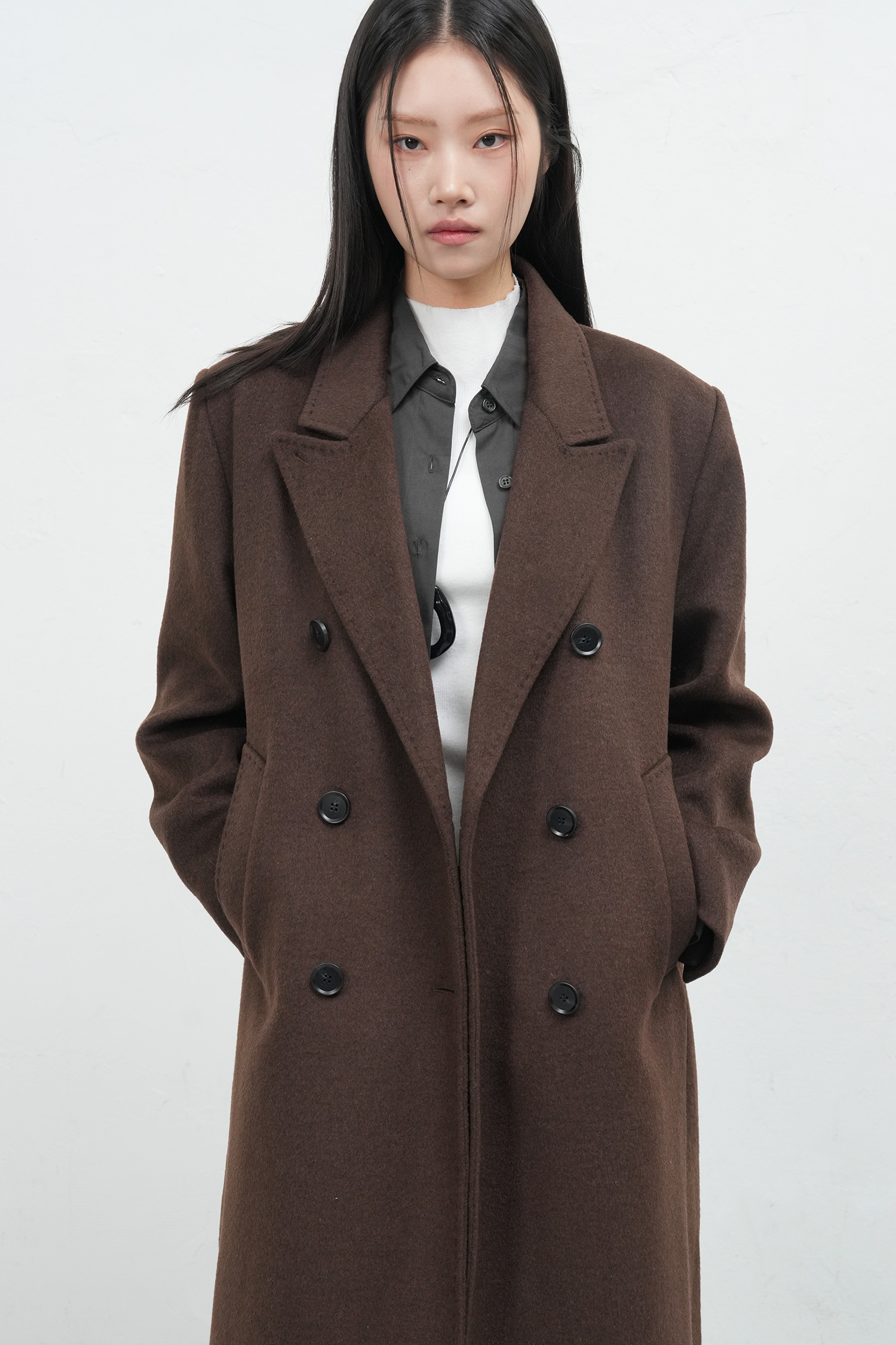 WOMAN ダブルブレストウールロングコート [DARK BROWN]
