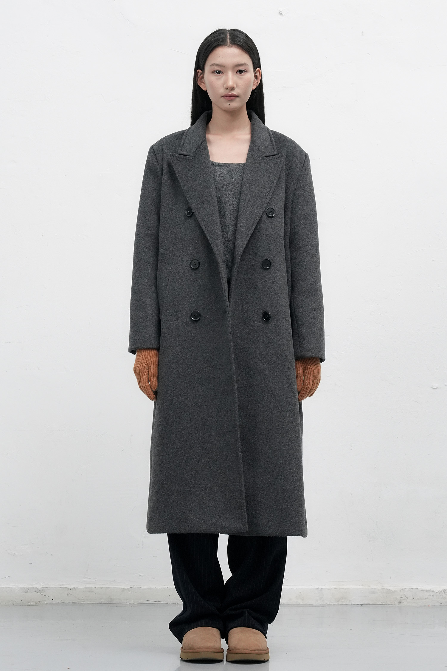 WOMAN ダブルブレストウールロングコート [CHARCOAL]