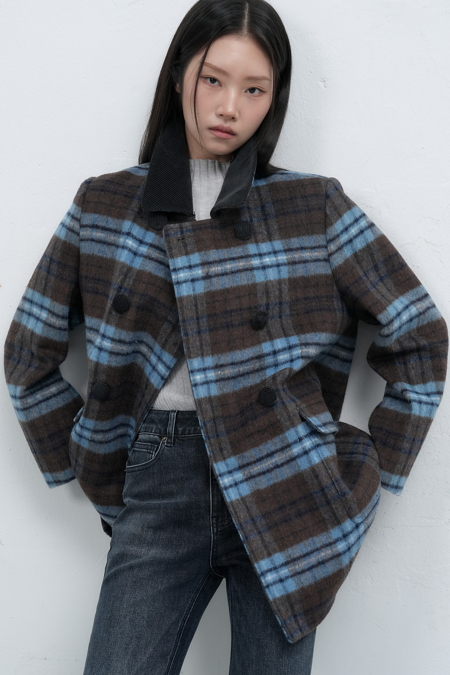 WOMAN チェック柄ファーカラーダブルハーフコート [BROWN]