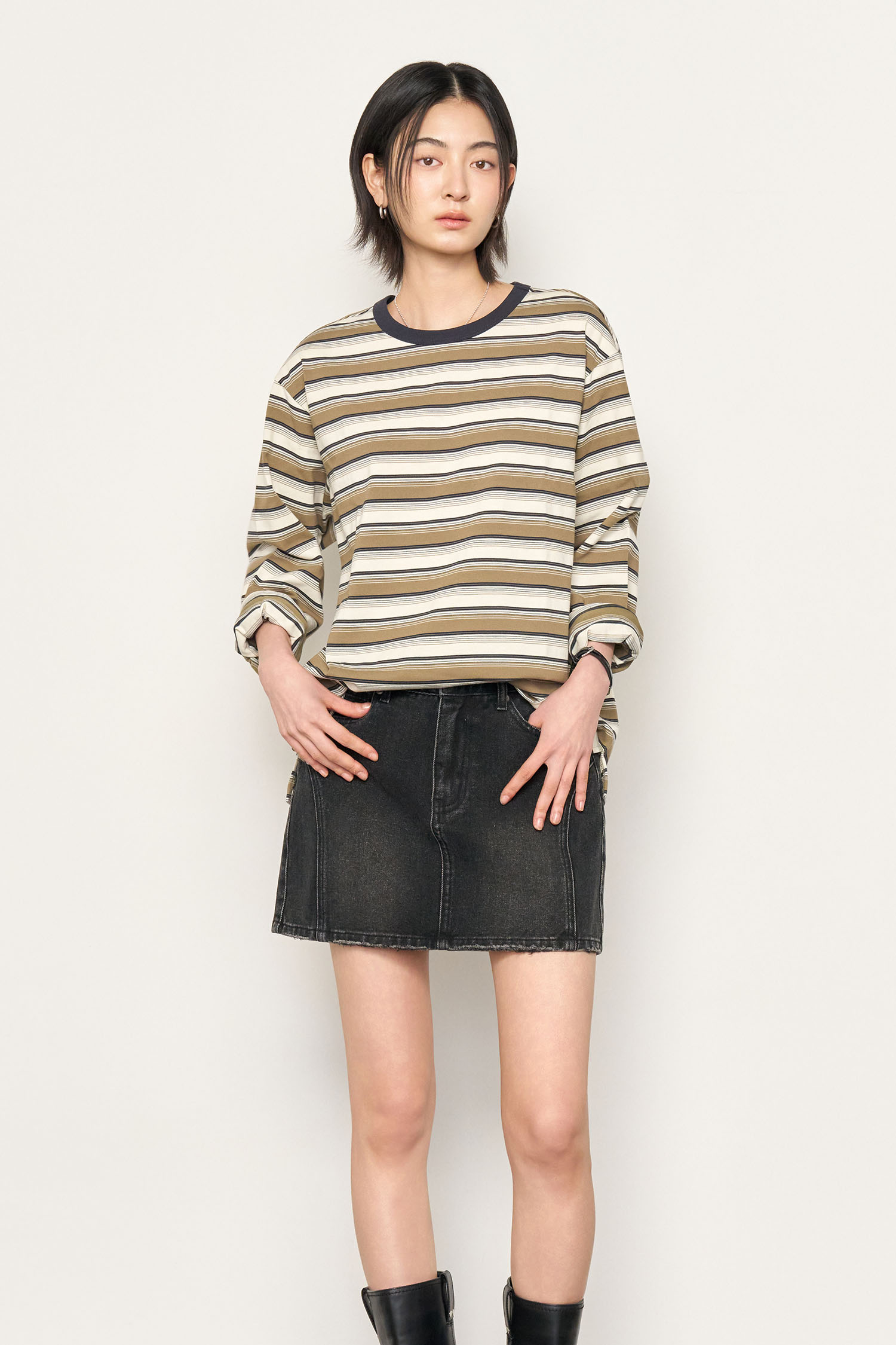 UNISEX マルチボーダーロングスリーブTシャツ [BROWN]