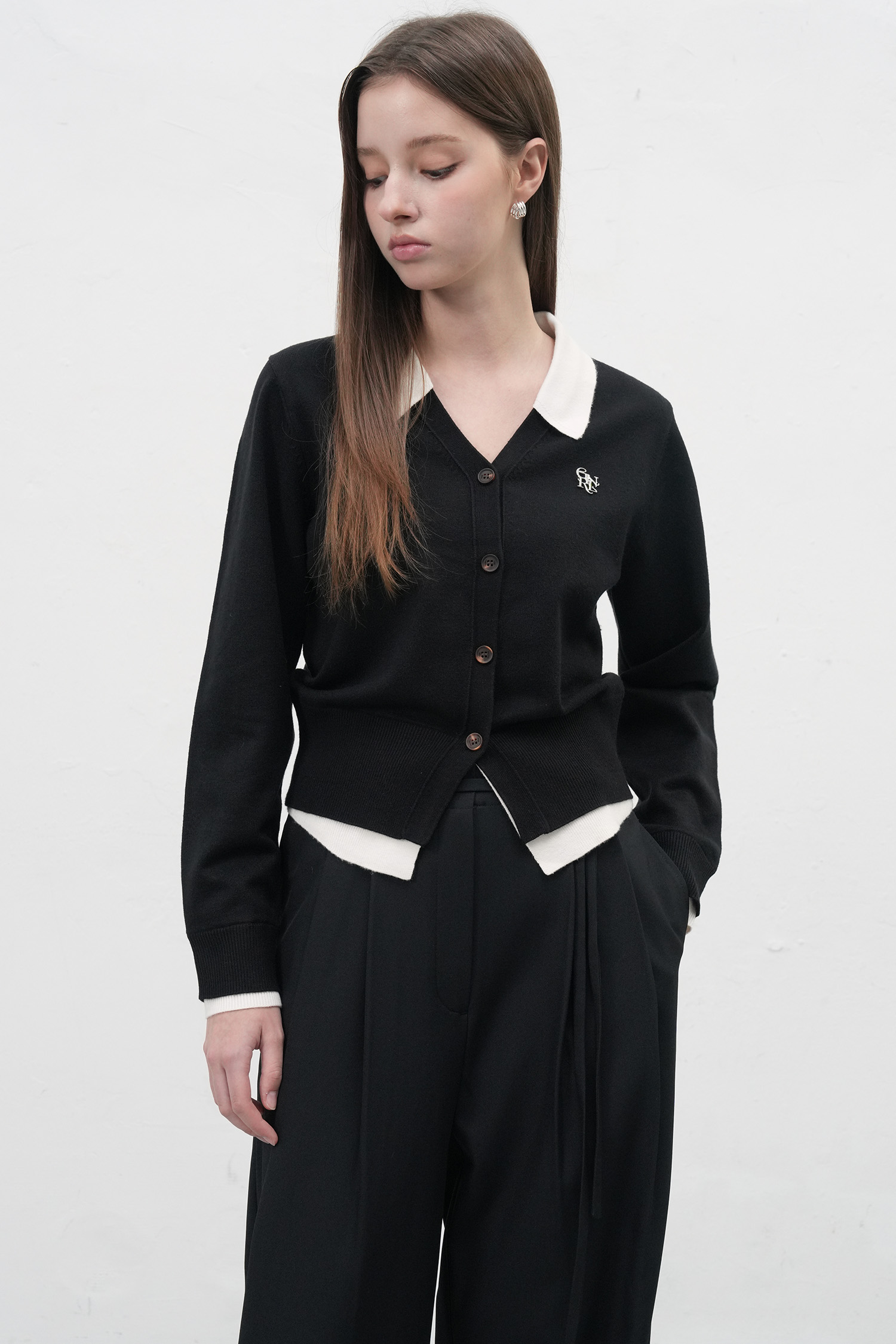 GENERAL IDEA] WOMAN シャツレイヤード風ニットカーディガン [BLACK]