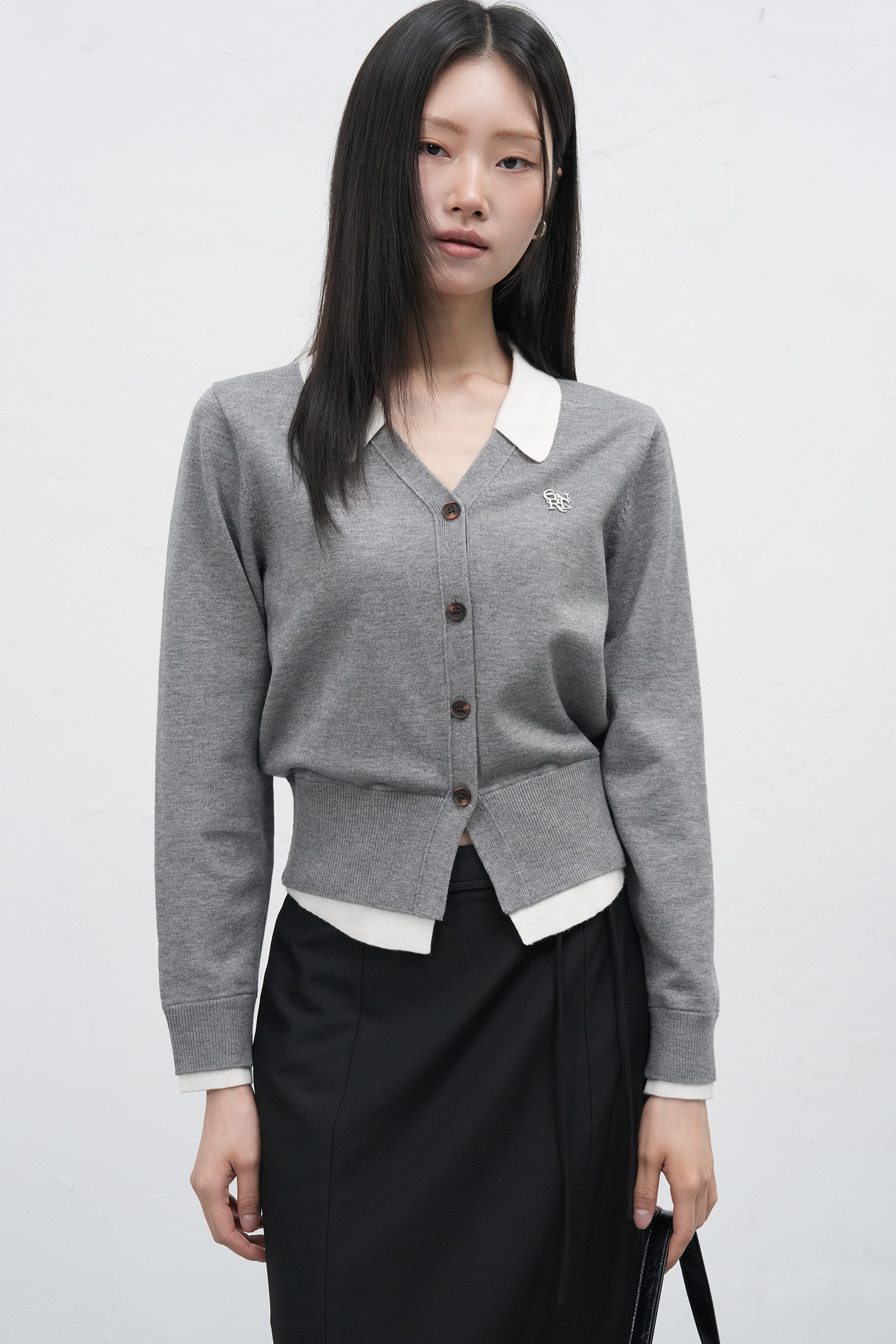 GENERAL IDEA] WOMAN シャツレイヤード風ニットカーディガン [BLACK]