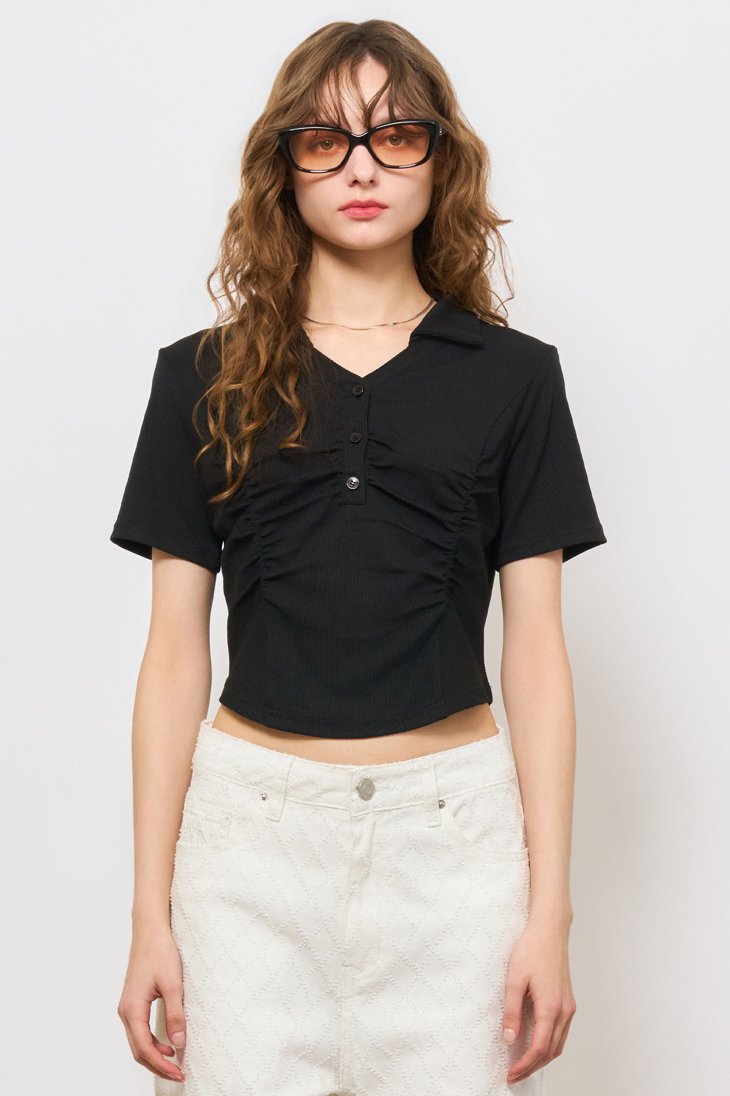 WOMAN シャーリング ブイネック 襟 半袖Tシャツ [BLACK]
