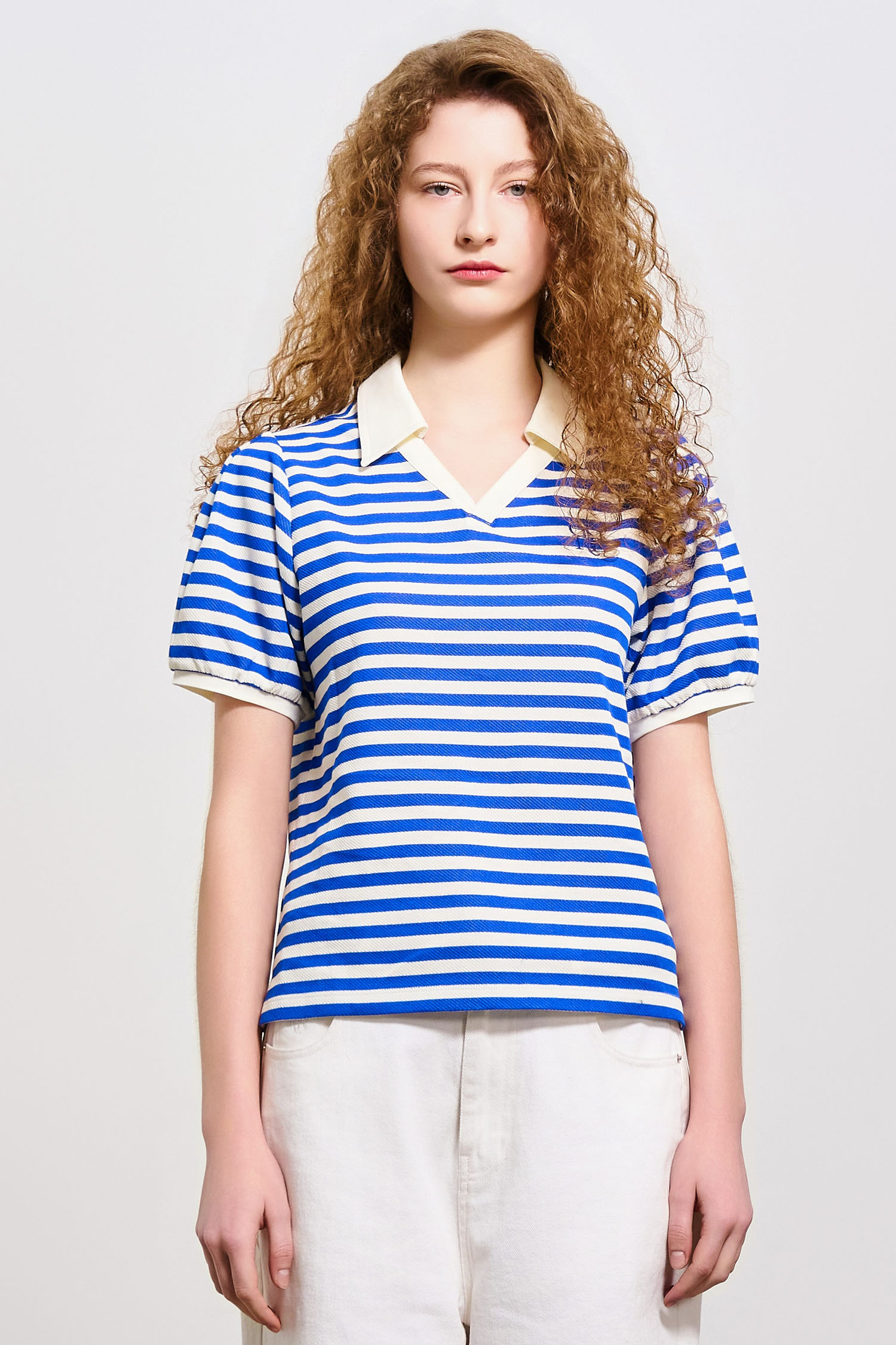 WOMAN オープン カラー ストライプ パフ Tシャツ [BLUE]