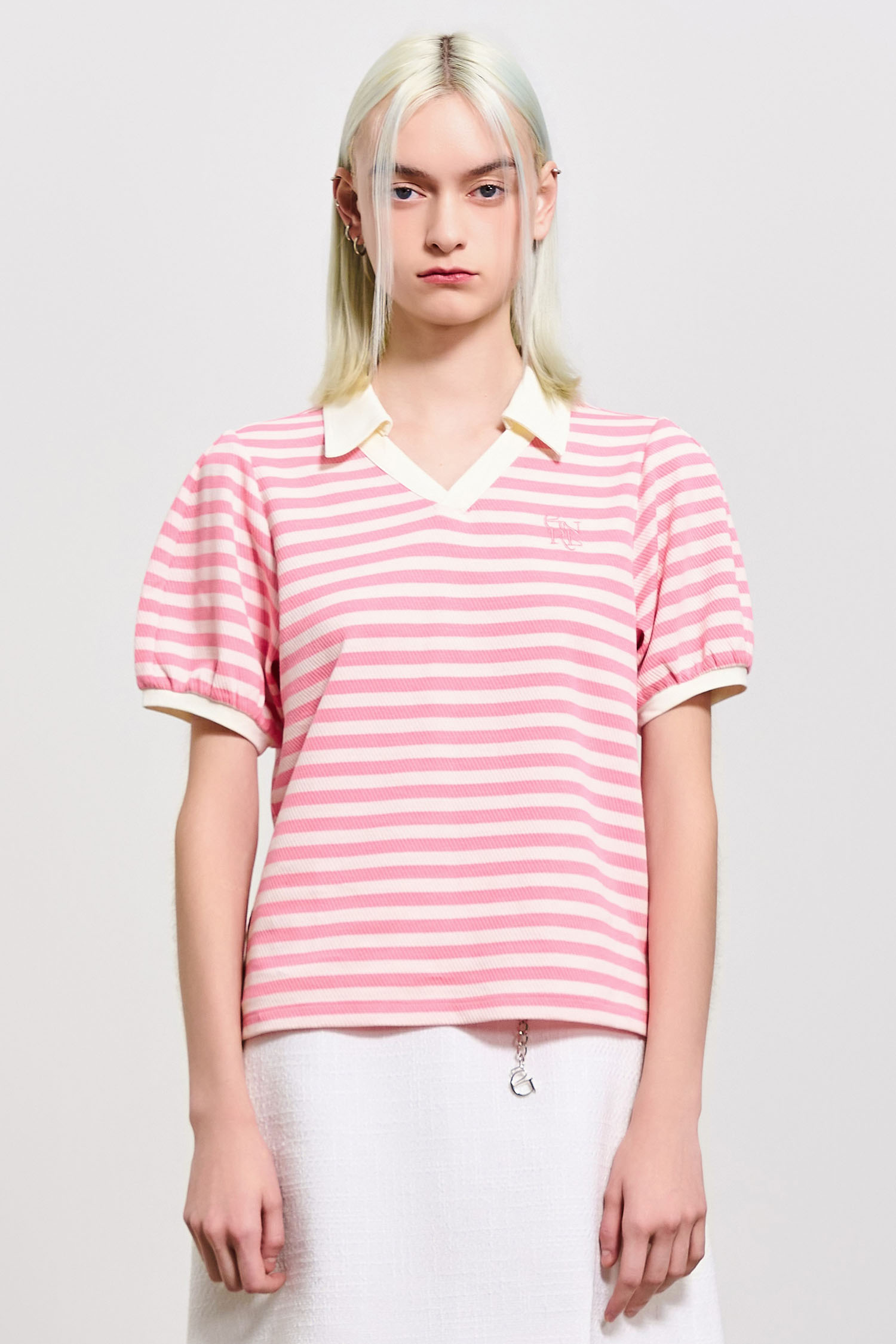 WOMAN オープン カラー ストライプ パフ Tシャツ [PINK]