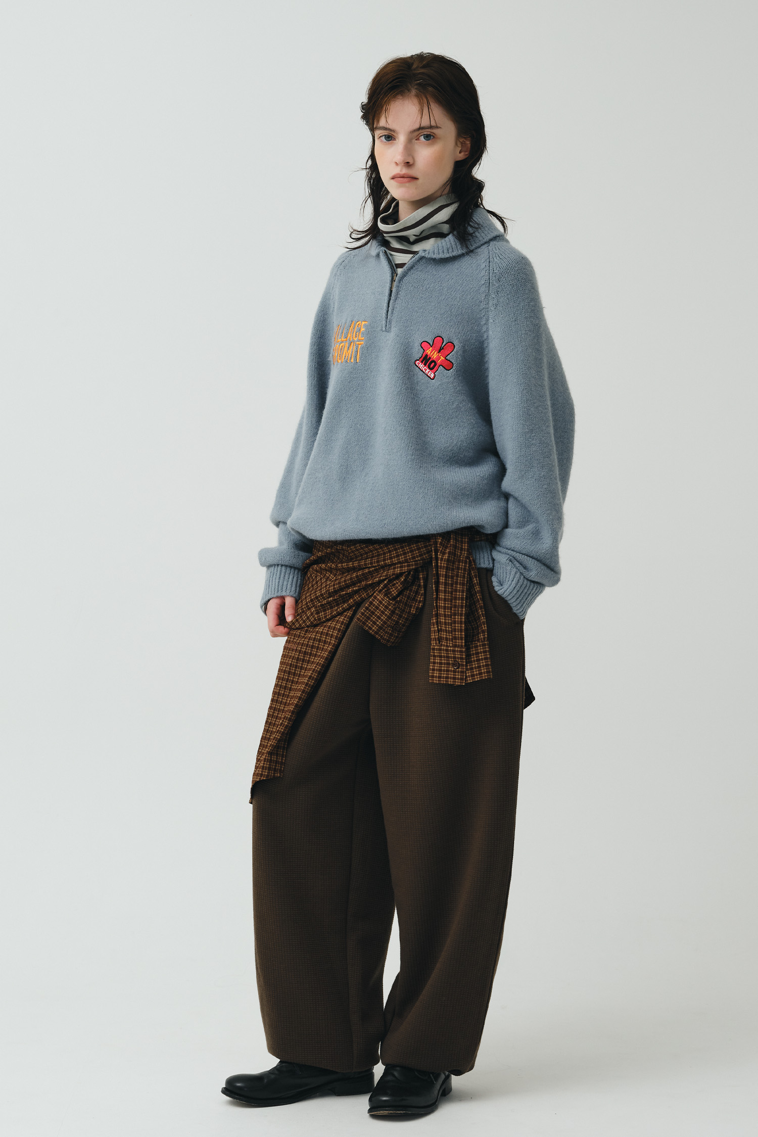 [월레스와 그로밋 콜라보] UNISEX 숄 카라 하프 집업 니트 풀오버 [BLUE] | GENERAL IDEA