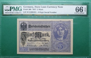 독일 STATE, LOAN CURRENCY NOTE 1917년 5 마르크 - PMG 66EPQ