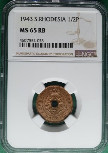 로디지아 1943 BRITICH AFRICA SOUTHERN RHODESIA 1/2 PENNY - NGC MS 65 RB