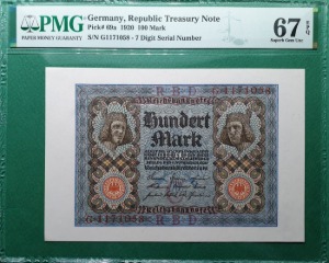 독일 1920년 REPUBLIC TREASURY NOTE 100 마르크 - PMG 67 (#3) 최고등급 TOP!