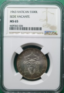 이탈리아 1963년 VATICAN 500 LIRE SILVER SEDE VACANTE - NGC MS 65