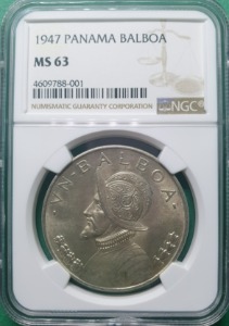 파나마 1947년 1 발보아 무광 실버 - NGC MS 63