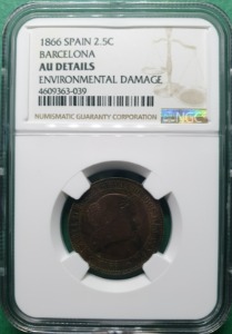 스페인 1866년 BARCELONA 2 1/2 CENTIMOS ENVIRONMENTAL DAMAGE COPPER- NGC AU DETAILS