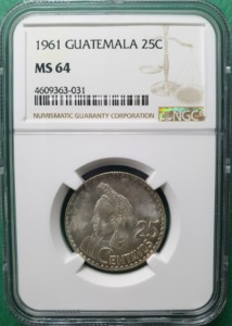 과테말라 1961년 25 센타보스 은화 토닝 - NGC MS64