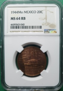 멕시코 1944-MO 20 센타보스 레드 브라운 청동 - NGC MS64RB