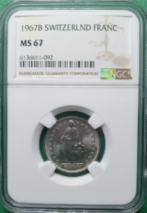 스위스 1967B 1 프랑 SILVER LIBERTY- NGC MS 67