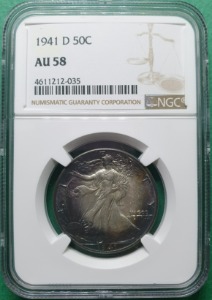 미국 1941-D USA 하프 달러 50 CENTS WALKING LIBERTY SILVER- NGC AU 58 PURPLE TONING